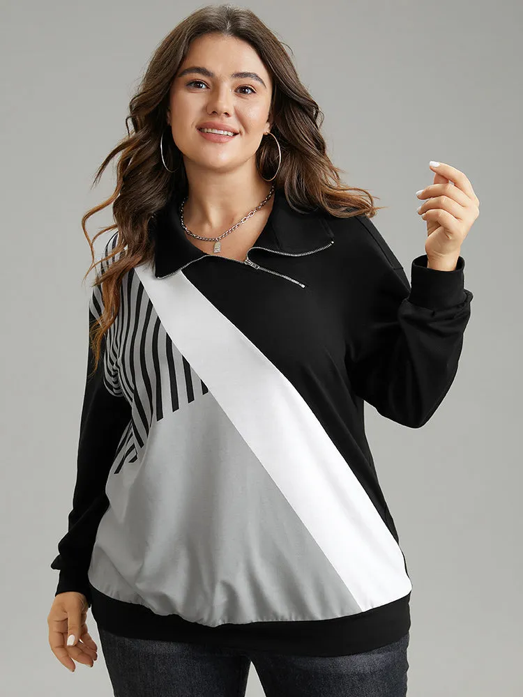 Zipper Striped Contrast Polo Neck Sweatshirt sold by Bloomchic product image thumbnail 3