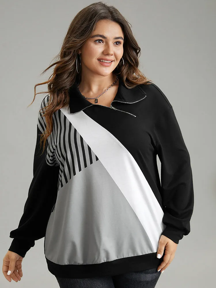 Zipper Striped Contrast Polo Neck Sweatshirt sold by Bloomchic