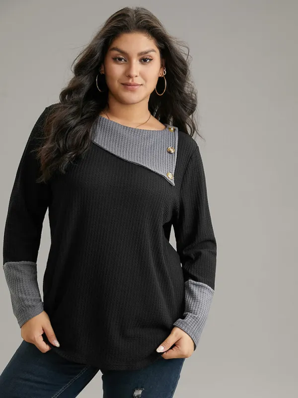 Waffle Knit Lapel Collar Patchwork T-shirt sold by Bloomchic