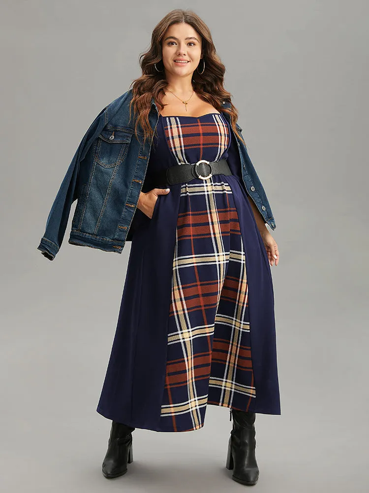 Plaid Patchwork Contrast Square Neck Dress sold by Bloomchic