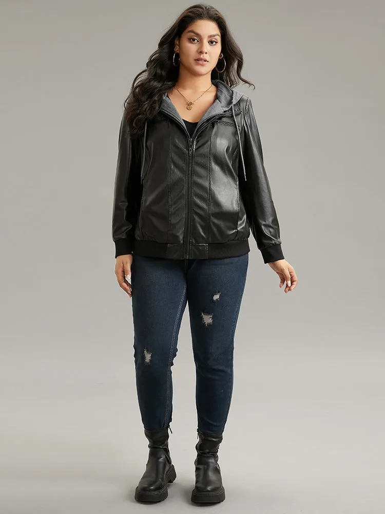 PU Leather Patchwork Hooded Drawstring Rib Knit Jacket sold by Bloomchic product image thumbnail 4