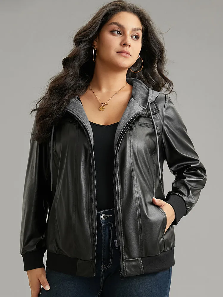 PU Leather Patchwork Hooded Drawstring Rib Knit Jacket sold by Bloomchic