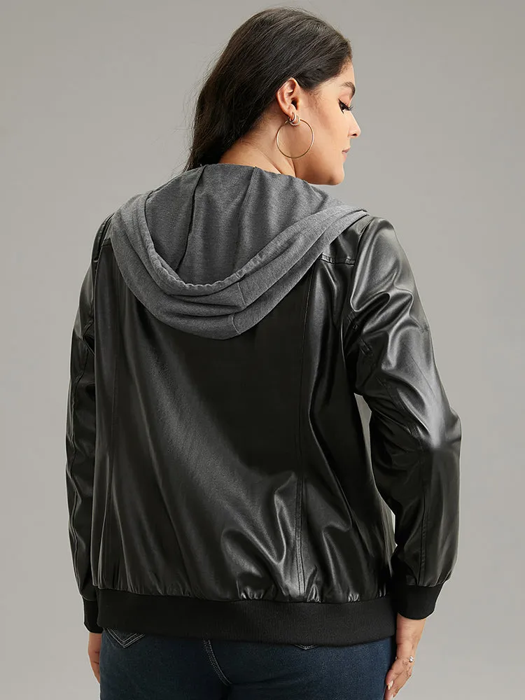 PU Leather Patchwork Hooded Drawstring Rib Knit Jacket sold by Bloomchic product image thumbnail 5
