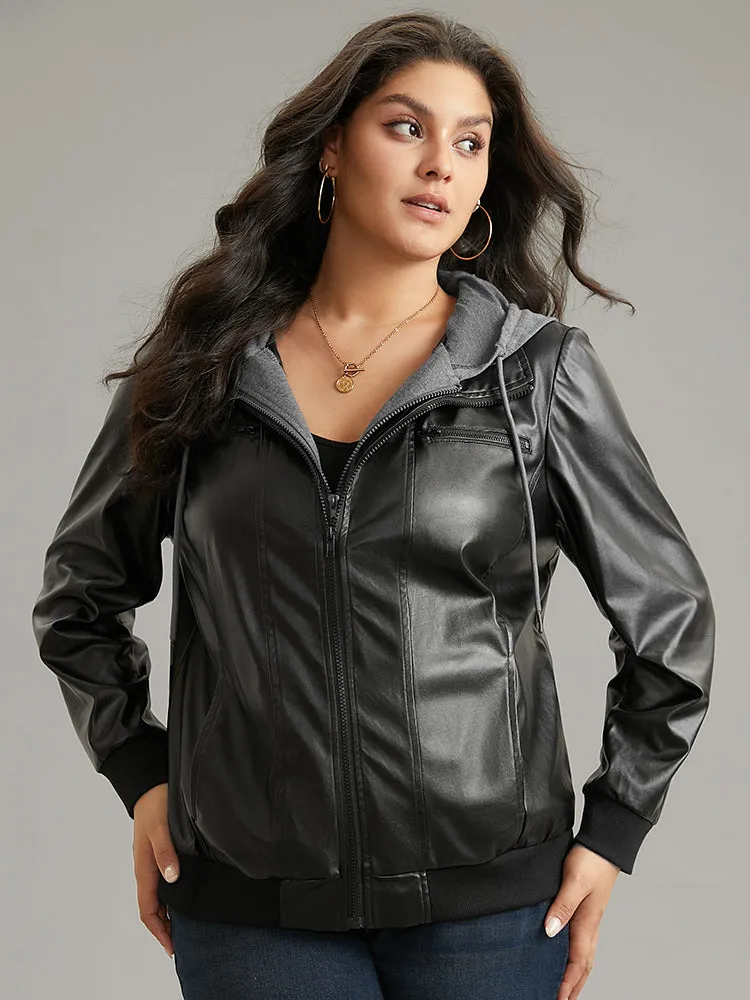 PU Leather Patchwork Hooded Drawstring Rib Knit Jacket sold by Bloomchic product image thumbnail 2