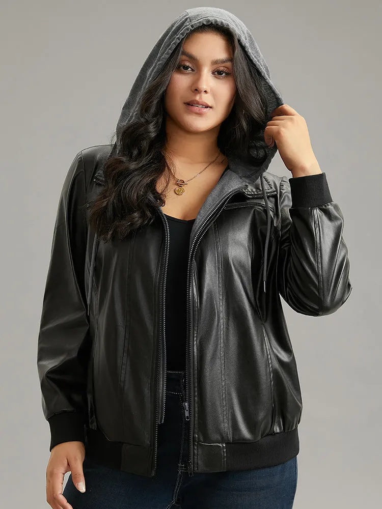 PU Leather Patchwork Hooded Drawstring Rib Knit Jacket sold by Bloomchic product image thumbnail 3