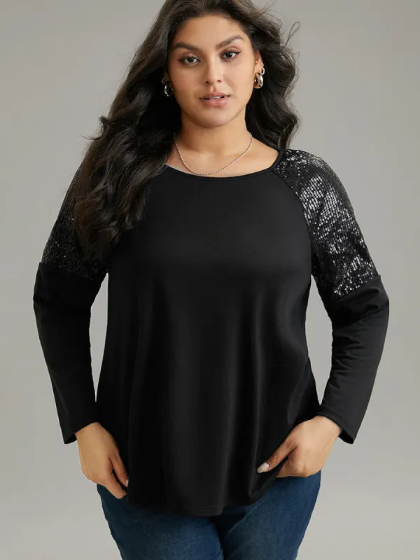 Sequin Patchwork Raglan Sleeve T-shirt sold by Bloomchic