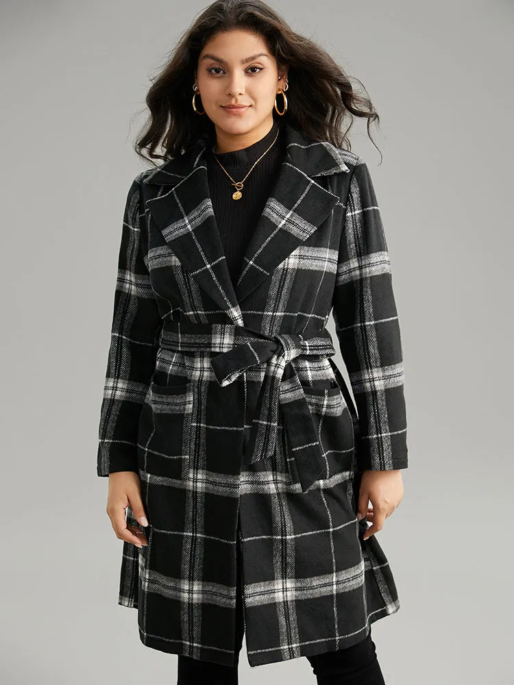 Lapel Collar Plaid Belted Contrast Coat sold by Bloomchic