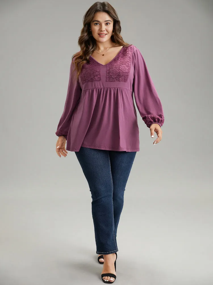 Lace Patchwork Gathered Lantern Sleeve T-shirt sold by Bloomchic product image thumbnail 4