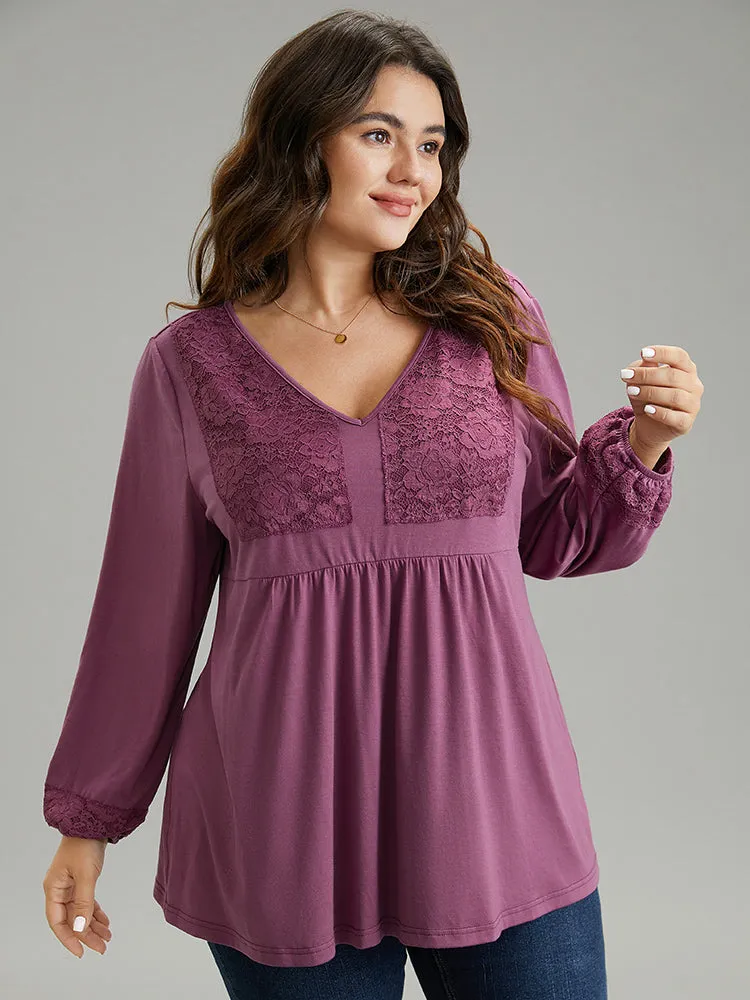 Lace Patchwork Gathered Lantern Sleeve T-shirt sold by Bloomchic