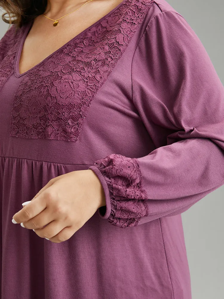 Lace Patchwork Gathered Lantern Sleeve T-shirt sold by Bloomchic product image thumbnail 5