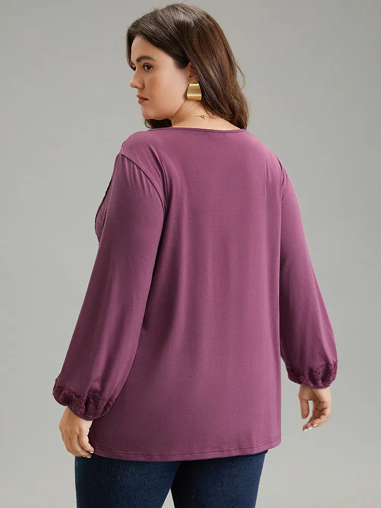 Lace Patchwork Gathered Lantern Sleeve T-shirt sold by Bloomchic product image thumbnail 2