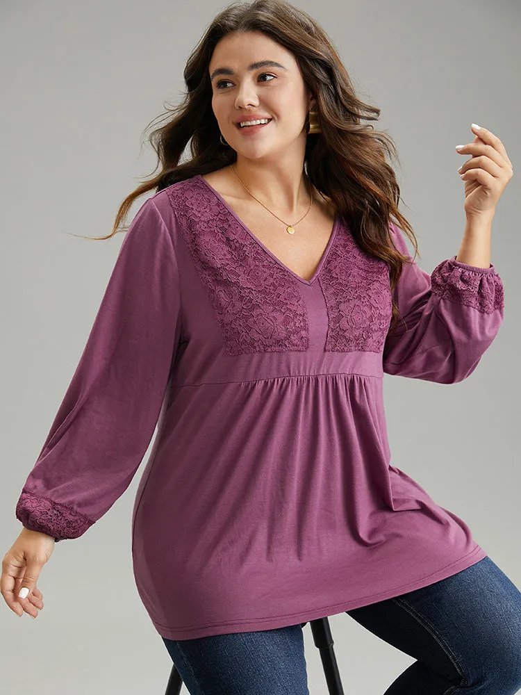 Lace Patchwork Gathered Lantern Sleeve T-shirt sold by Bloomchic product image thumbnail 3