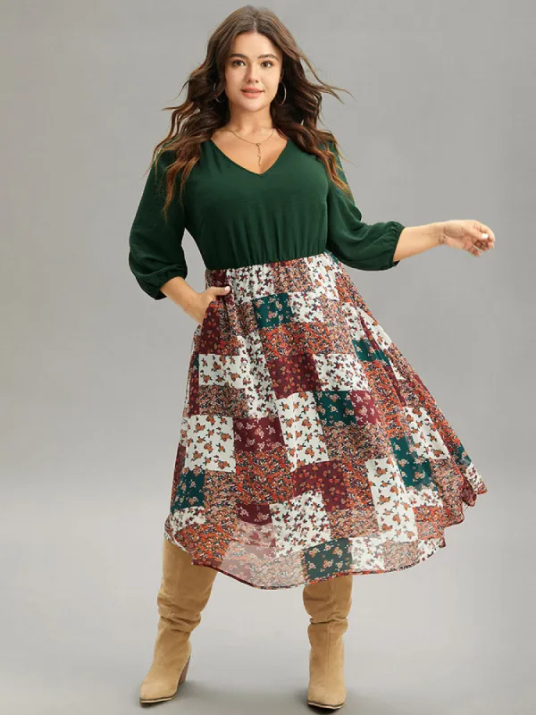 Ditsy Floral Colorblock Patchwork Lantern Sleeve Dress sold by Bloomchic