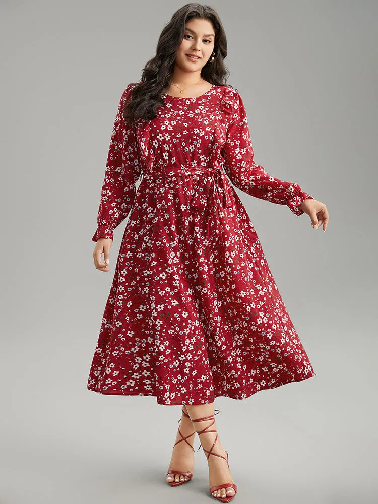 Ditsy Floral Belted Ruffle Sleeve Dress sold by Bloomchic