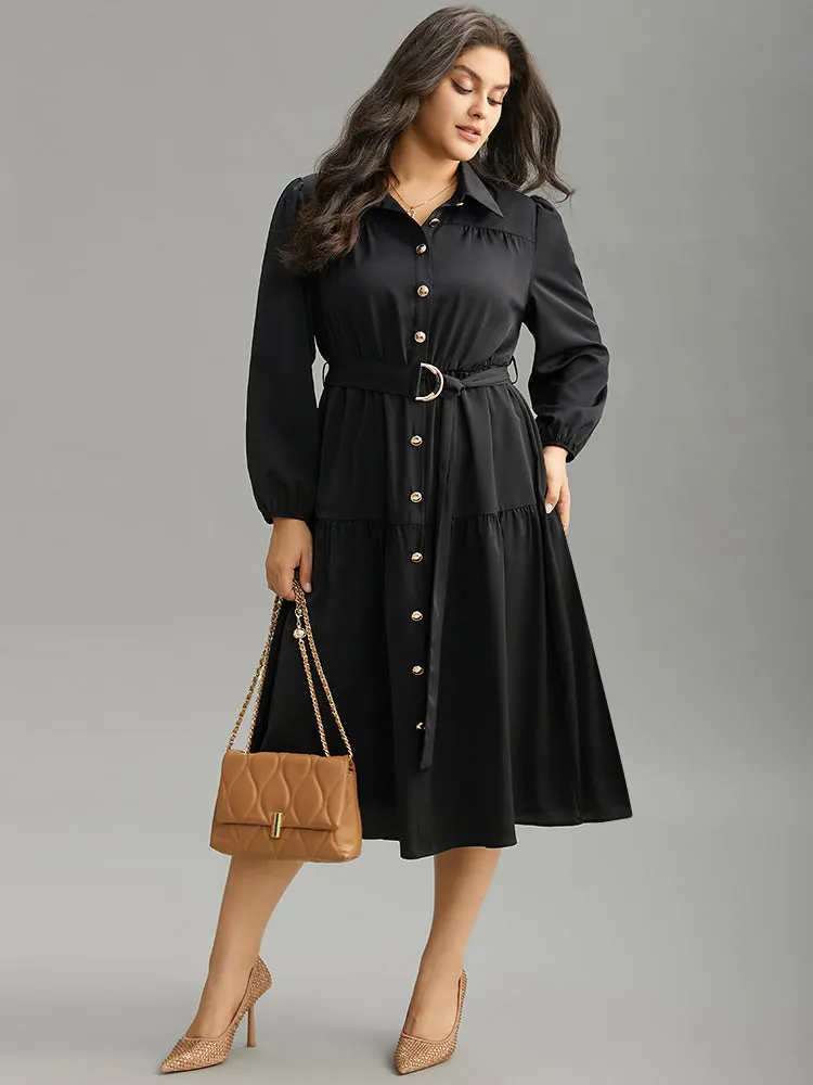 Anti-Wrinkle Shirt Collar Belted Metal Detail Dress sold by Bloomchic