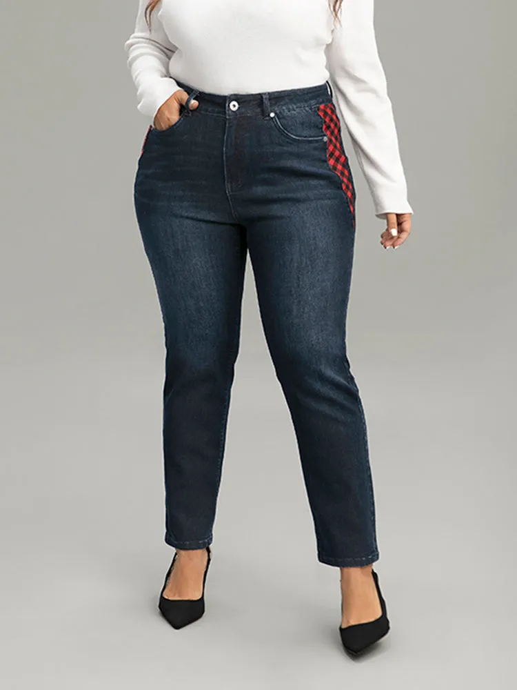 Plaid Patchwork Straight Leg Dark Wash Jeans sold by Bloomchic product image thumbnail 5