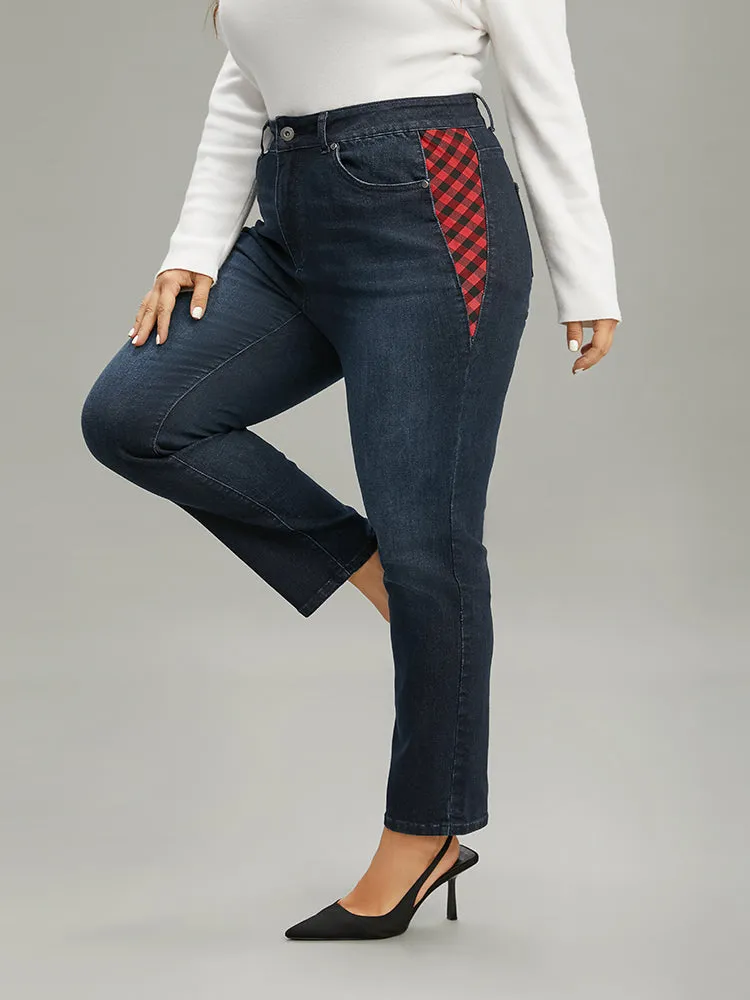 Plaid Patchwork Straight Leg Dark Wash Jeans sold by Bloomchic product image thumbnail 2