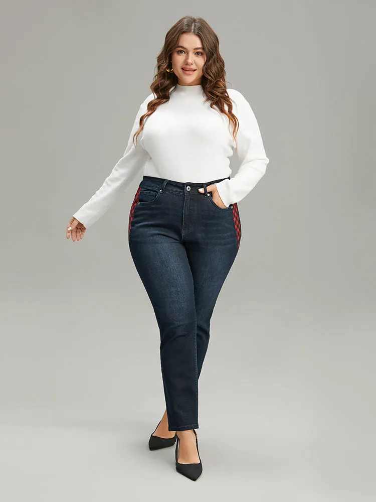 Plaid Patchwork Straight Leg Dark Wash Jeans sold by Bloomchic product image thumbnail 3