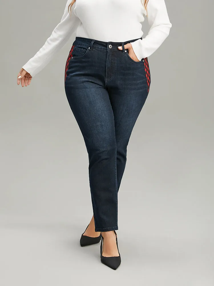 Plaid Patchwork Straight Leg Dark Wash Jeans sold by Bloomchic