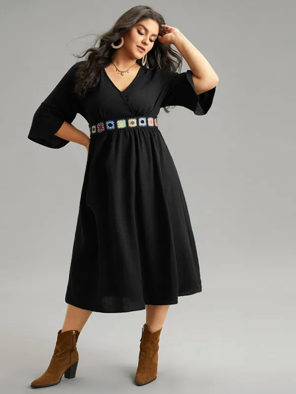 Plain Elastic Waist Embroidered Wrap Dress sold by Bloomchic