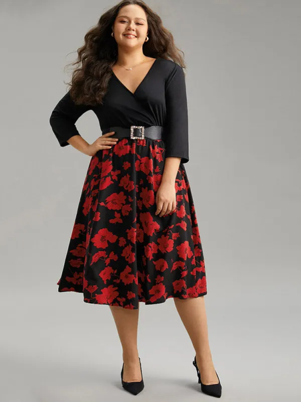 Silhouette Floral Print Patchwork Surplice Neck Dress sold by Bloomchic