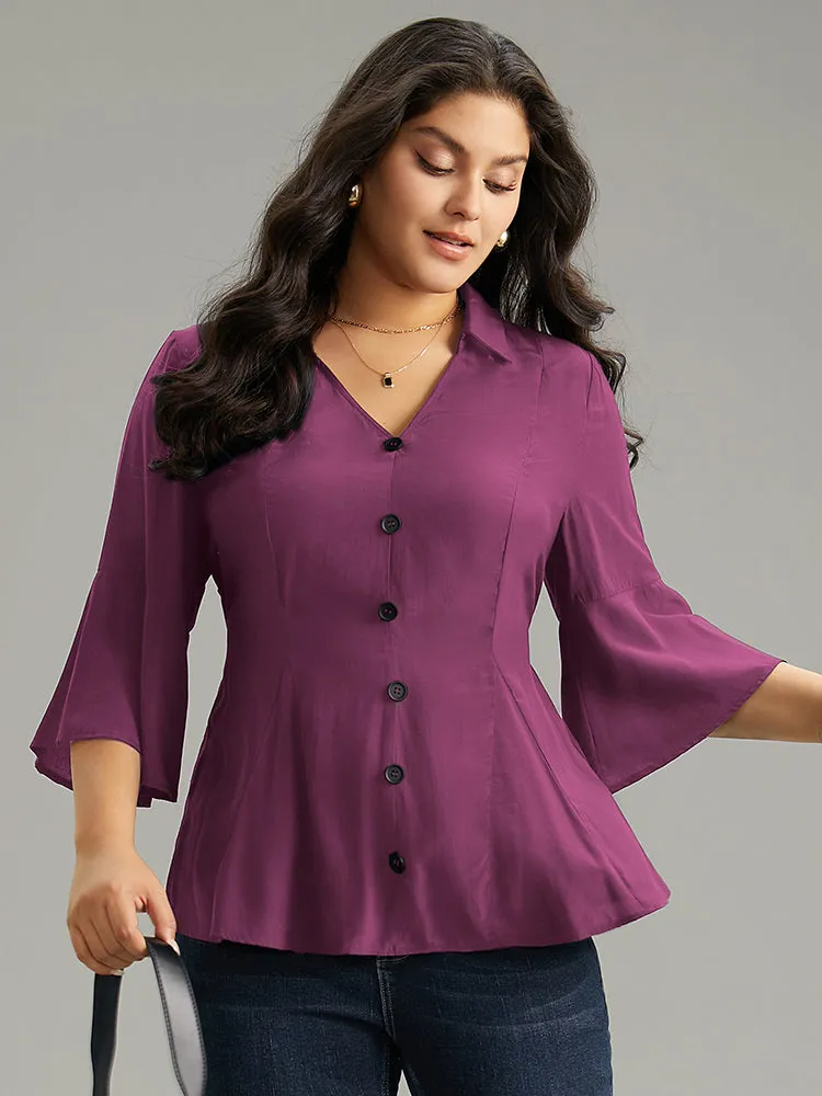 Plain Button Detail Bell Sleeve Blouse sold by Bloomchic