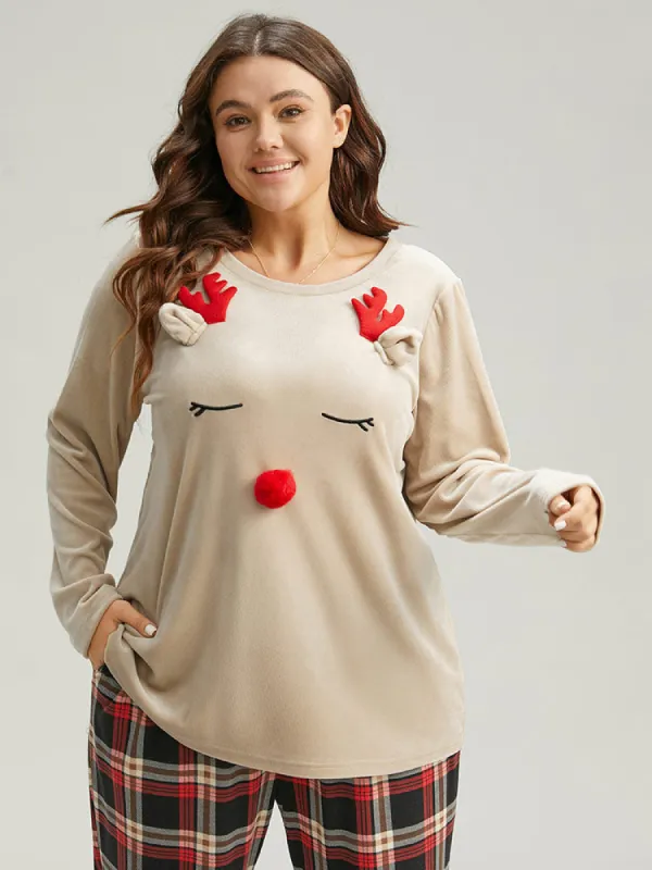 Christmas Elk Fluffy Ball Round Neck Sleep Top sold by Bloomchic