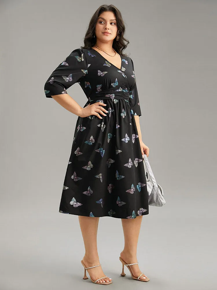 Butterfly Glitter V Neck Ruched Dress sold by Bloomchic product image thumbnail 4