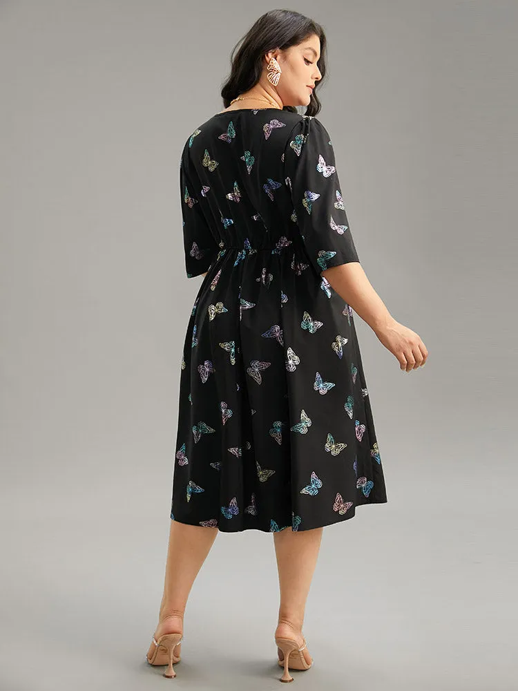 Butterfly Glitter V Neck Ruched Dress sold by Bloomchic product image thumbnail 5