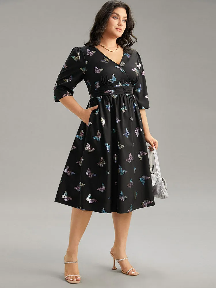 Butterfly Glitter V Neck Ruched Dress sold by Bloomchic product image thumbnail 3