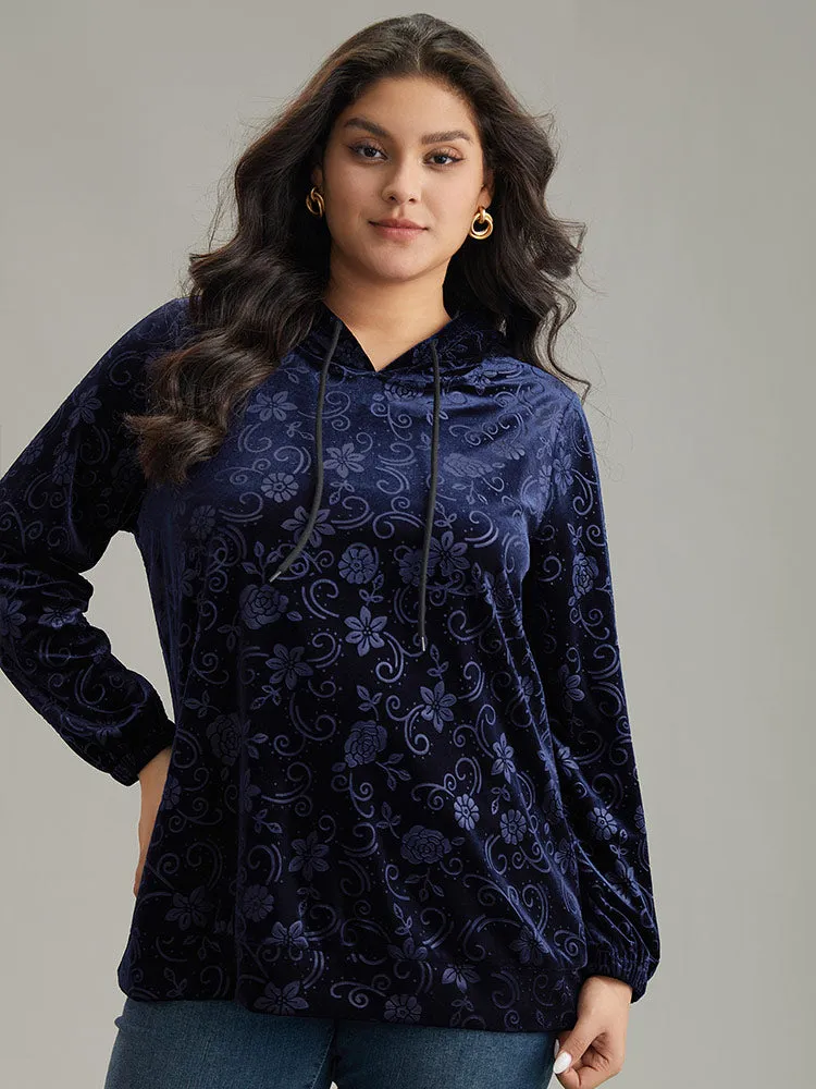 Velvet Solid Floral Hooded Drawstring Sweatshirt sold by Bloomchic