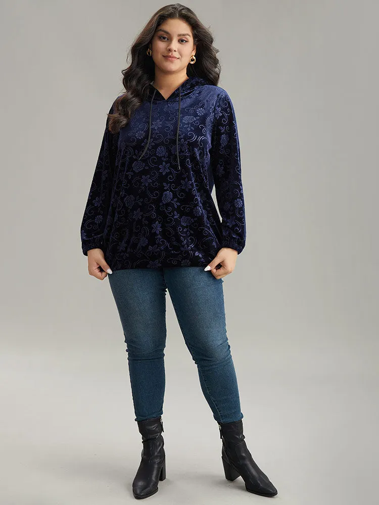 Velvet Solid Floral Hooded Drawstring Sweatshirt sold by Bloomchic product image thumbnail 4