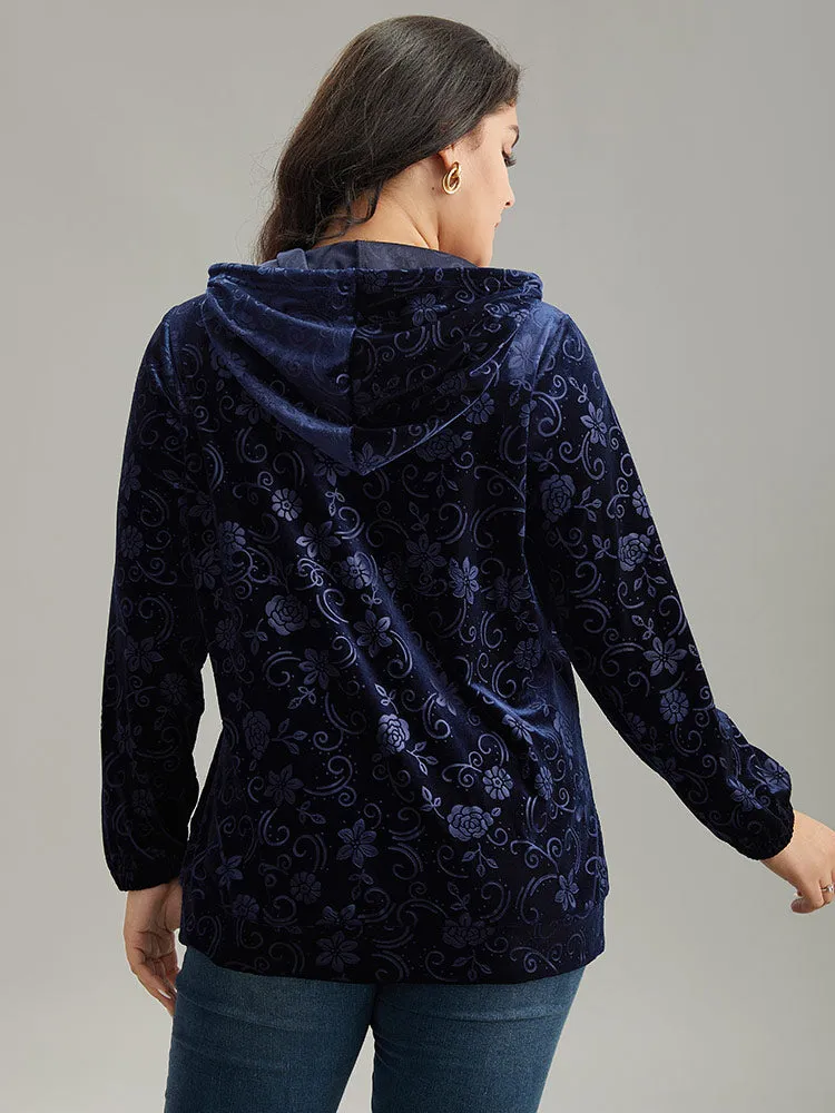 Velvet Solid Floral Hooded Drawstring Sweatshirt sold by Bloomchic product image thumbnail 2