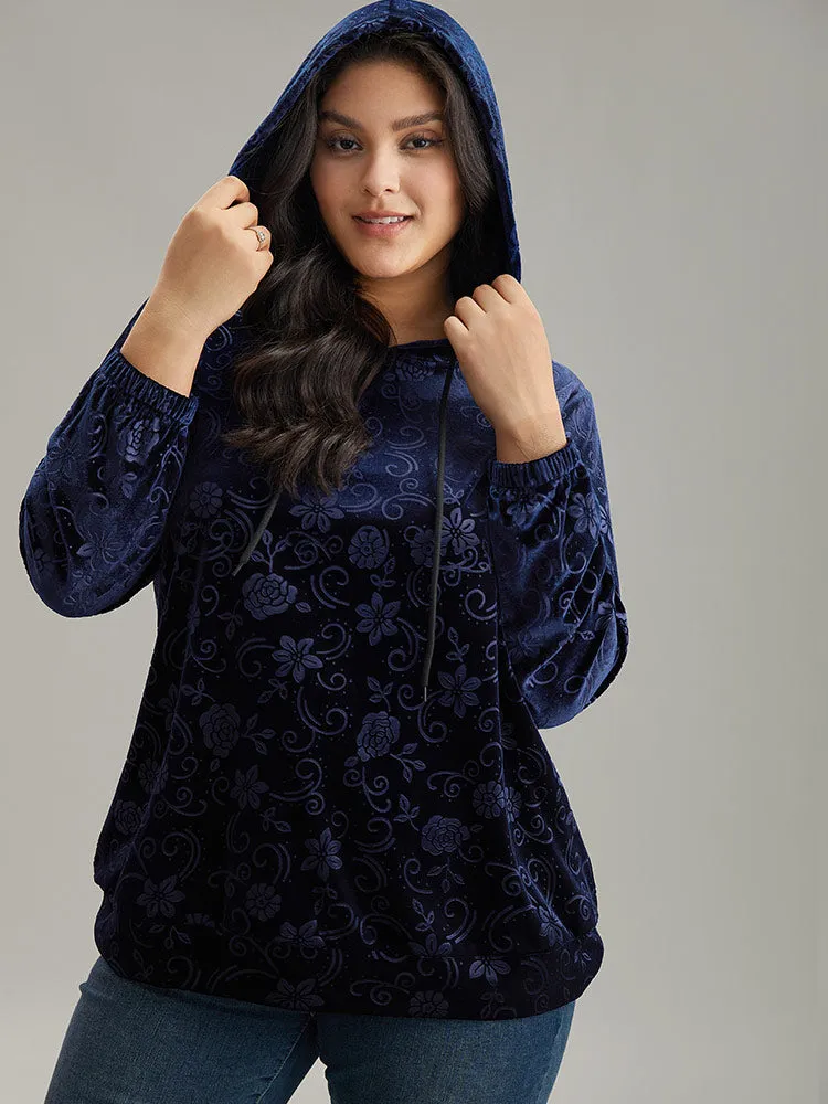 Velvet Solid Floral Hooded Drawstring Sweatshirt sold by Bloomchic product image thumbnail 3