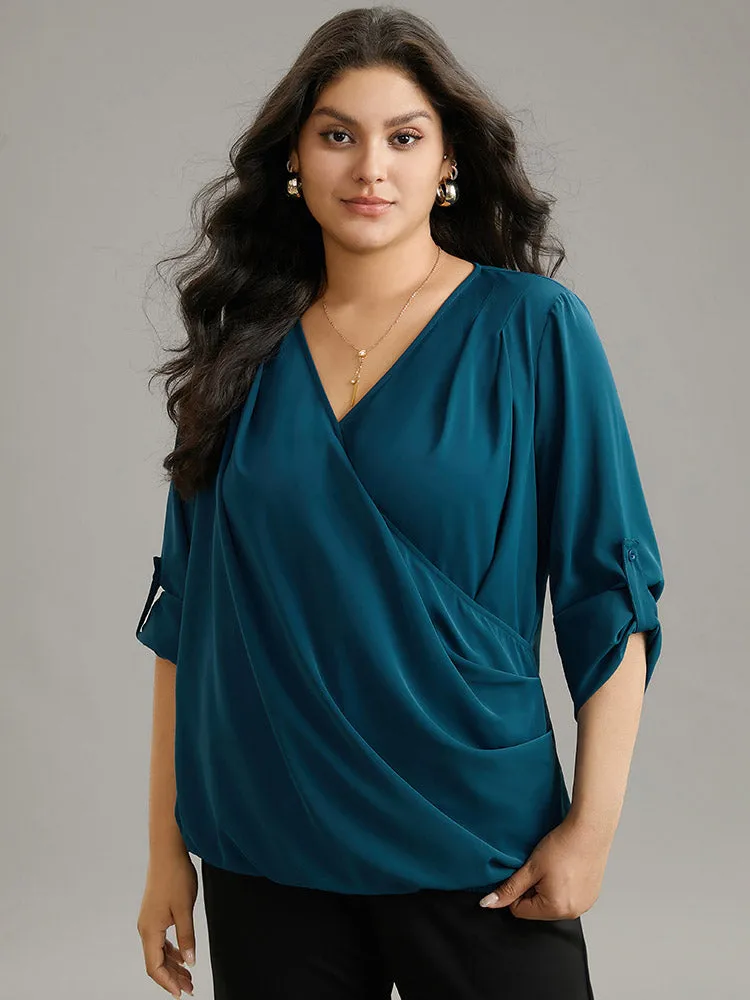 Solid Crossover Roll Tab Sleeve Blouse sold by Bloomchic product image thumbnail 2