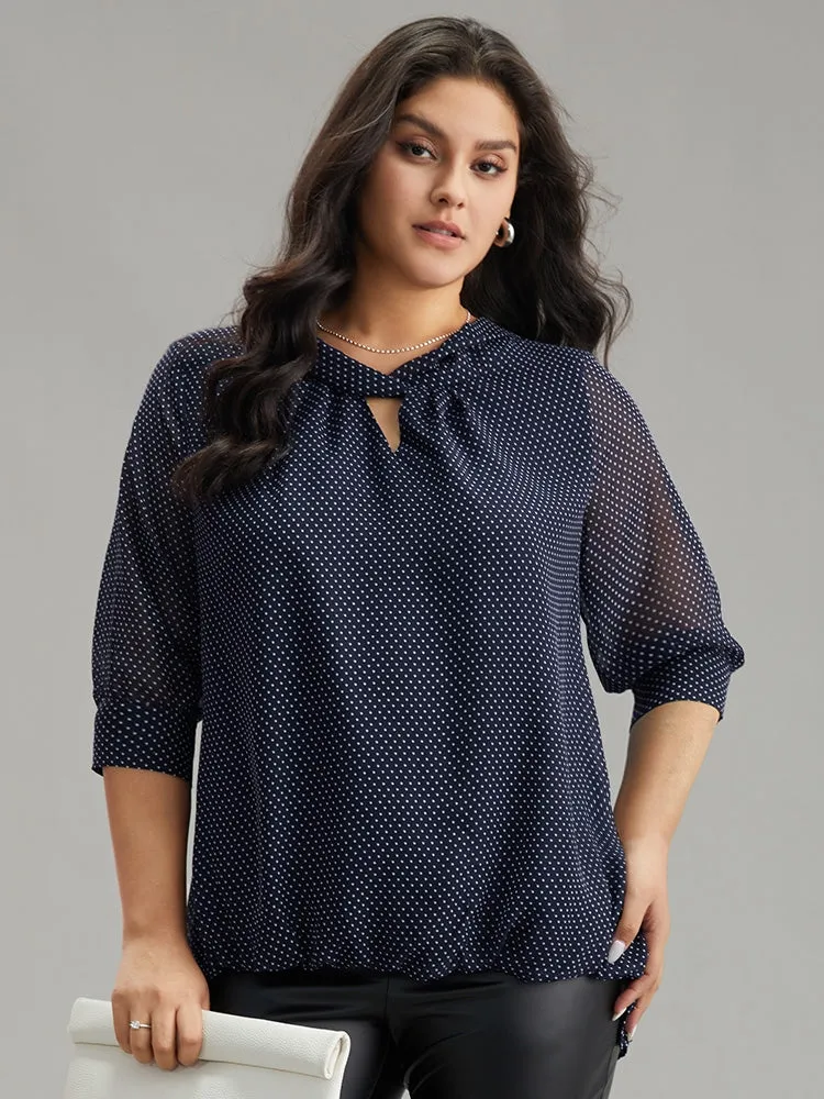 Chiffon Polka Dot Mesh Keyhole Twist Front Blouse sold by Bloomchic