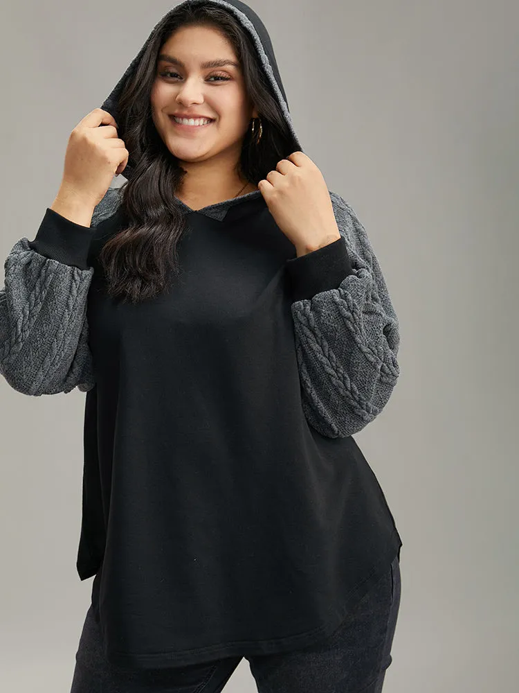 Rib Knit Cable Knit Patchwork Hooded Sweatshirt sold by Bloomchic product image thumbnail 3