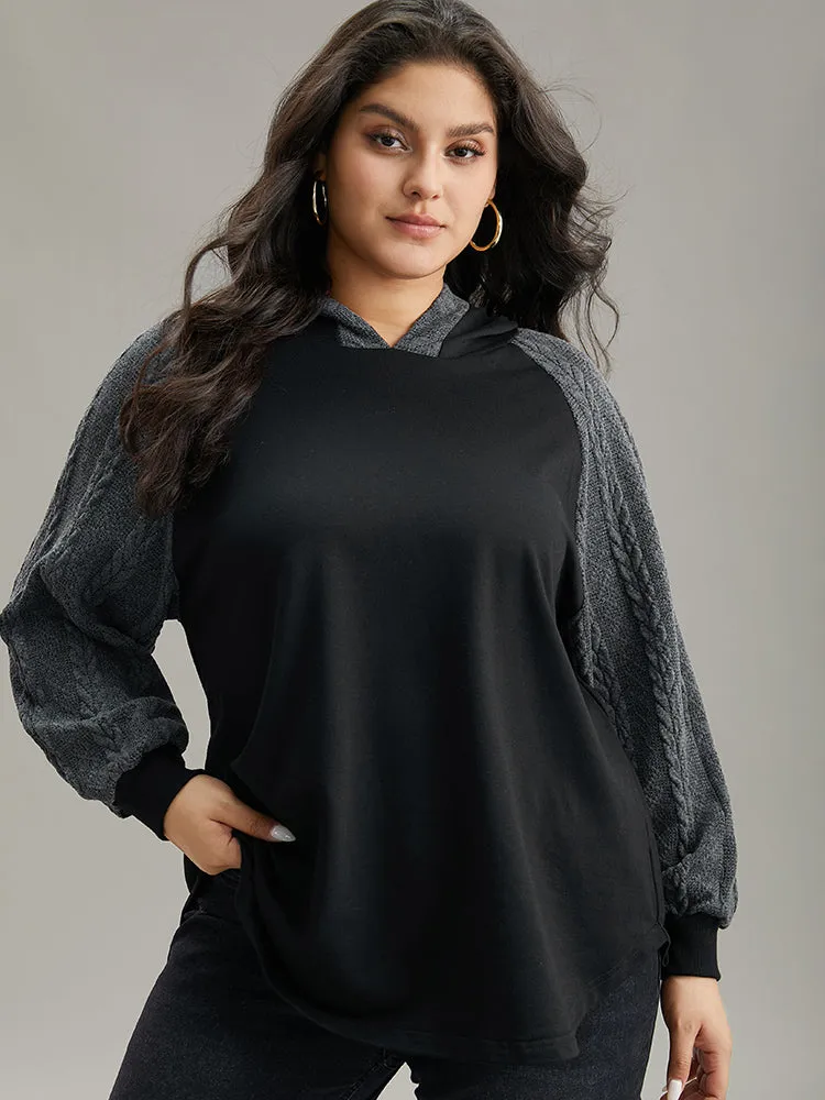 Rib Knit Cable Knit Patchwork Hooded Sweatshirt sold by Bloomchic