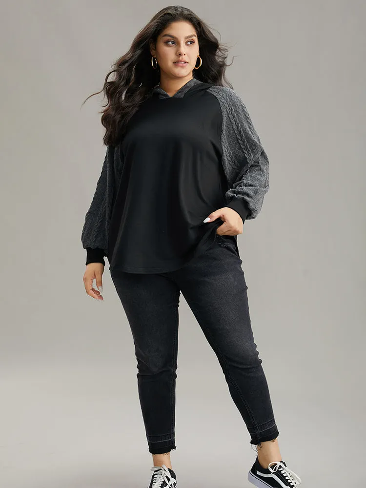 Rib Knit Cable Knit Patchwork Hooded Sweatshirt sold by Bloomchic product image thumbnail 5