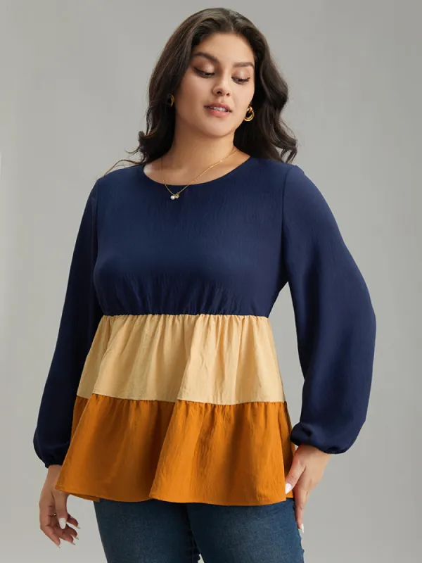 Colorblock Contrast Gathered Ruffle Layered Hem Blouse sold by Bloomchic