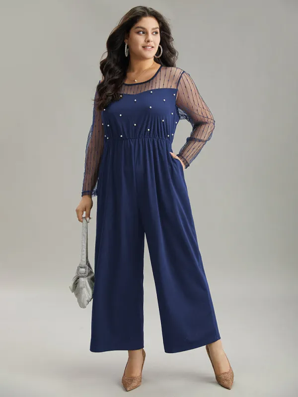 Pearl Beaded Mesh Patchwork Zipper Jumpsuit sold by Bloomchic