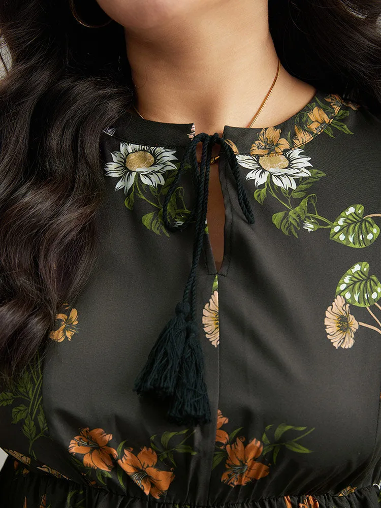 Floral Tassel Trim Gathered Knot Neck Dress sold by Bloomchic product image thumbnail 5