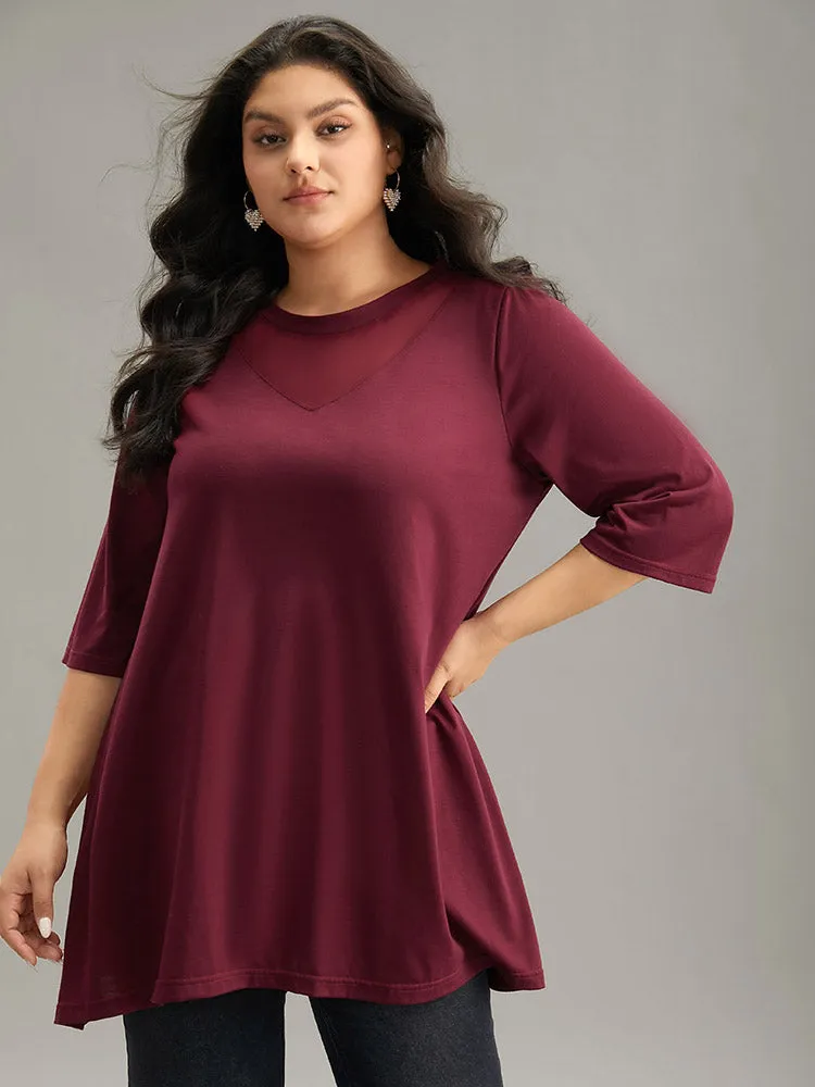 Solid Tunic Crochet Mesh Crew Neck T-shirt sold by Bloomchic