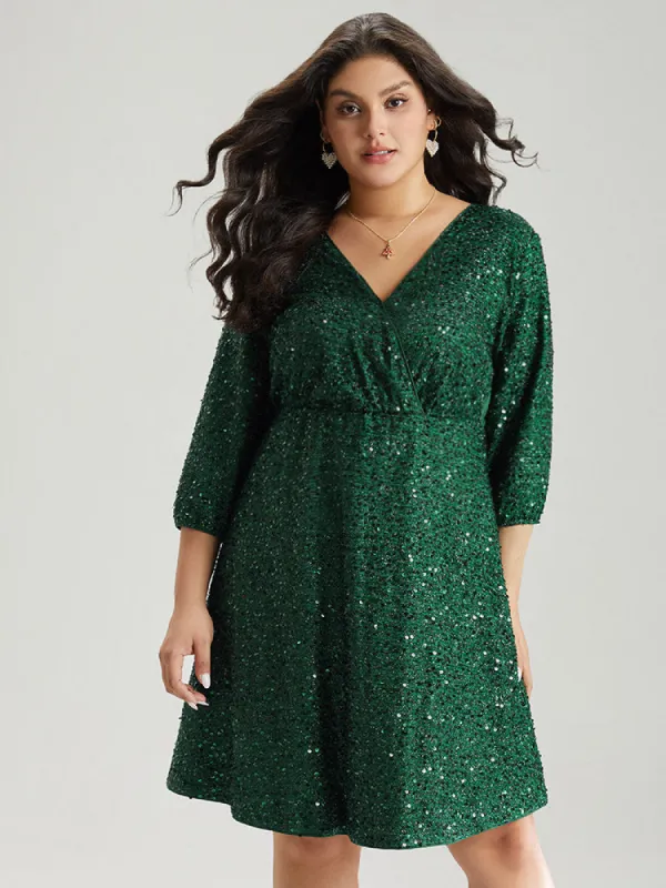 Sequin Overlap Collar Elastic Waist Knee Dress sold by Bloomchic