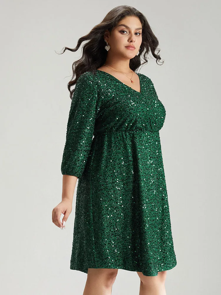 Sequin Overlap Collar Elastic Waist Knee Dress sold by Bloomchic product image thumbnail 3