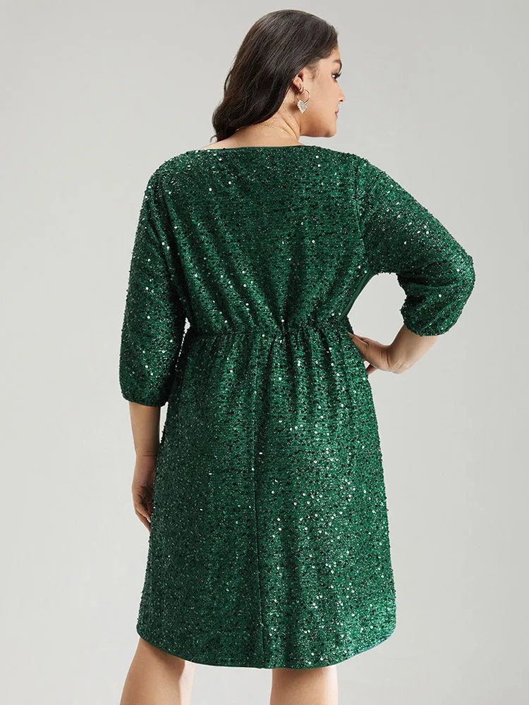 Sequin Overlap Collar Elastic Waist Knee Dress sold by Bloomchic product image thumbnail 2