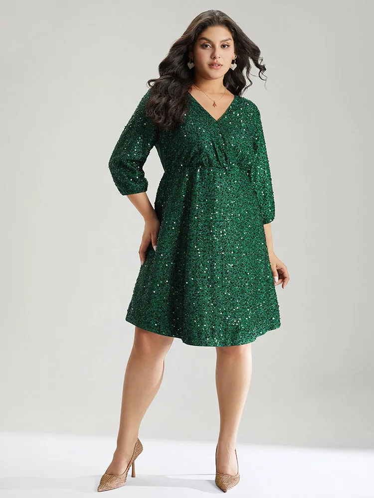 Sequin Overlap Collar Elastic Waist Knee Dress sold by Bloomchic product image thumbnail 4