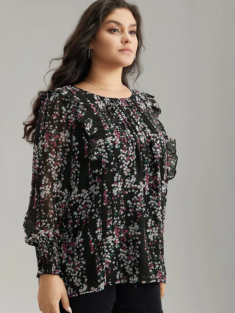 Ditsy Floral Chiffon Ruffles Shirred Pleated Mesh Blouse sold by Bloomchic product image thumbnail 3