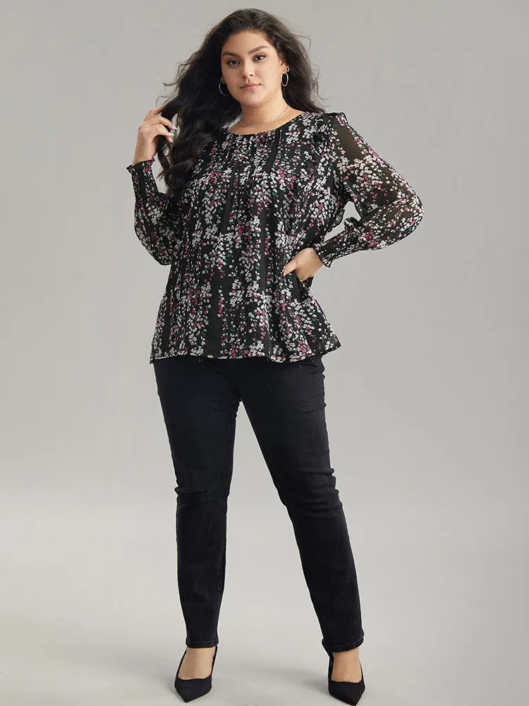 Ditsy Floral Chiffon Ruffles Shirred Pleated Mesh Blouse sold by Bloomchic product image thumbnail 4