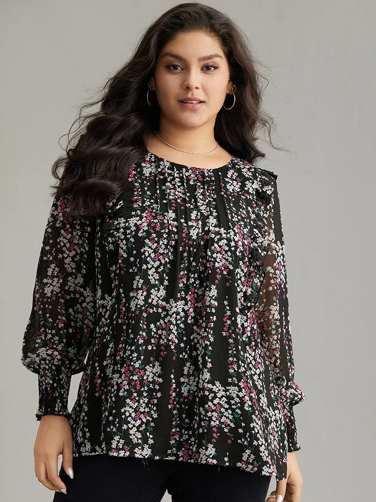 Ditsy Floral Chiffon Ruffles Shirred Pleated Mesh Blouse sold by Bloomchic